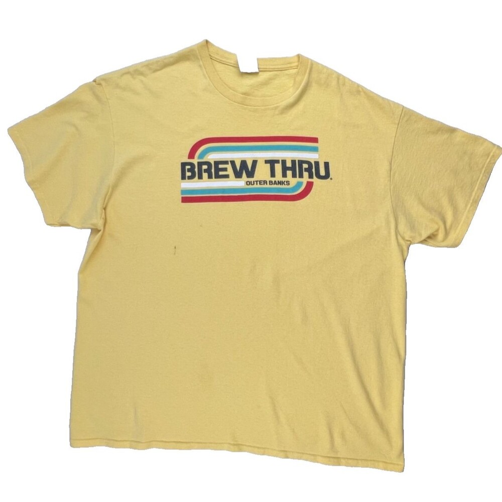 BREW THRU Outer Banks T Shirt XL Yellow Y2K Retro Surf Beach Tourist Tee